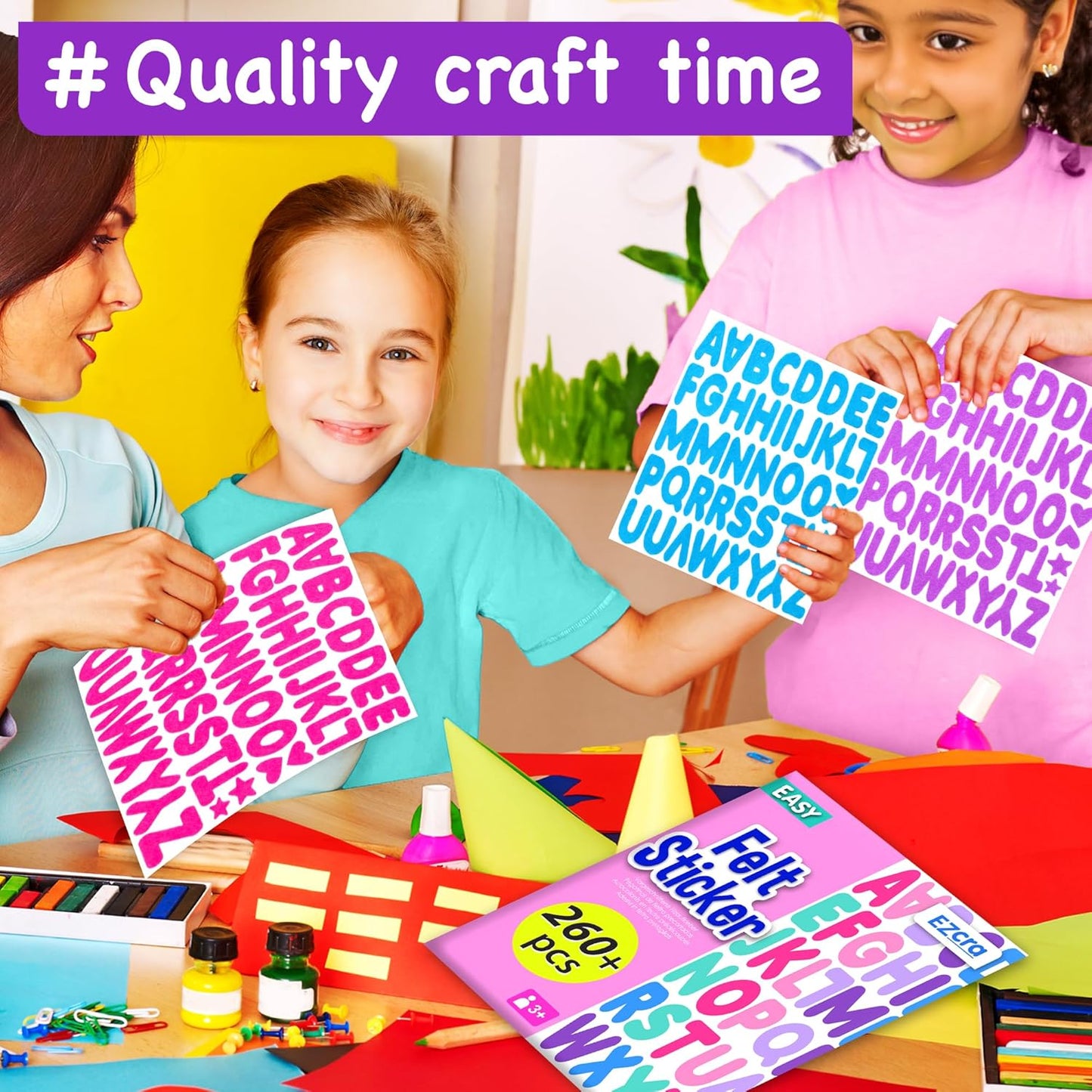 EZCRA Felt Alphabet Stickers, Large Self-Adhesive A-Z Puffy Letters for Kids Ages 3-5 – Classroom, Preschool, Homeschool DIY, Scrapbooking, 260+ Pieces