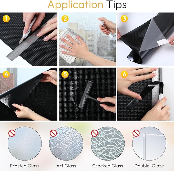 rabbitgoo Window Privacy Film Blackout Mosaic Static Cling Decorative, Removable Rainbow Window Film, Non-Adhesive Heat Control UV Blocking for Bathroom, 23.6 x 78.5 inches Black