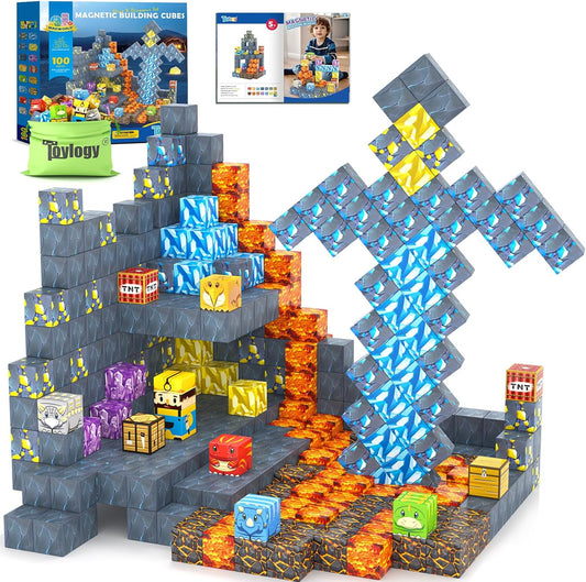 100PCS Magnetic Blocks-Build Mine Magnet World Jurassic Sword Dinosaur Toys Building Blocks for Boys Girls Ages 3-5 5-7, Classroom Must Haves Stem Education Sensory Kids Toys Christmas Birthday Gifts