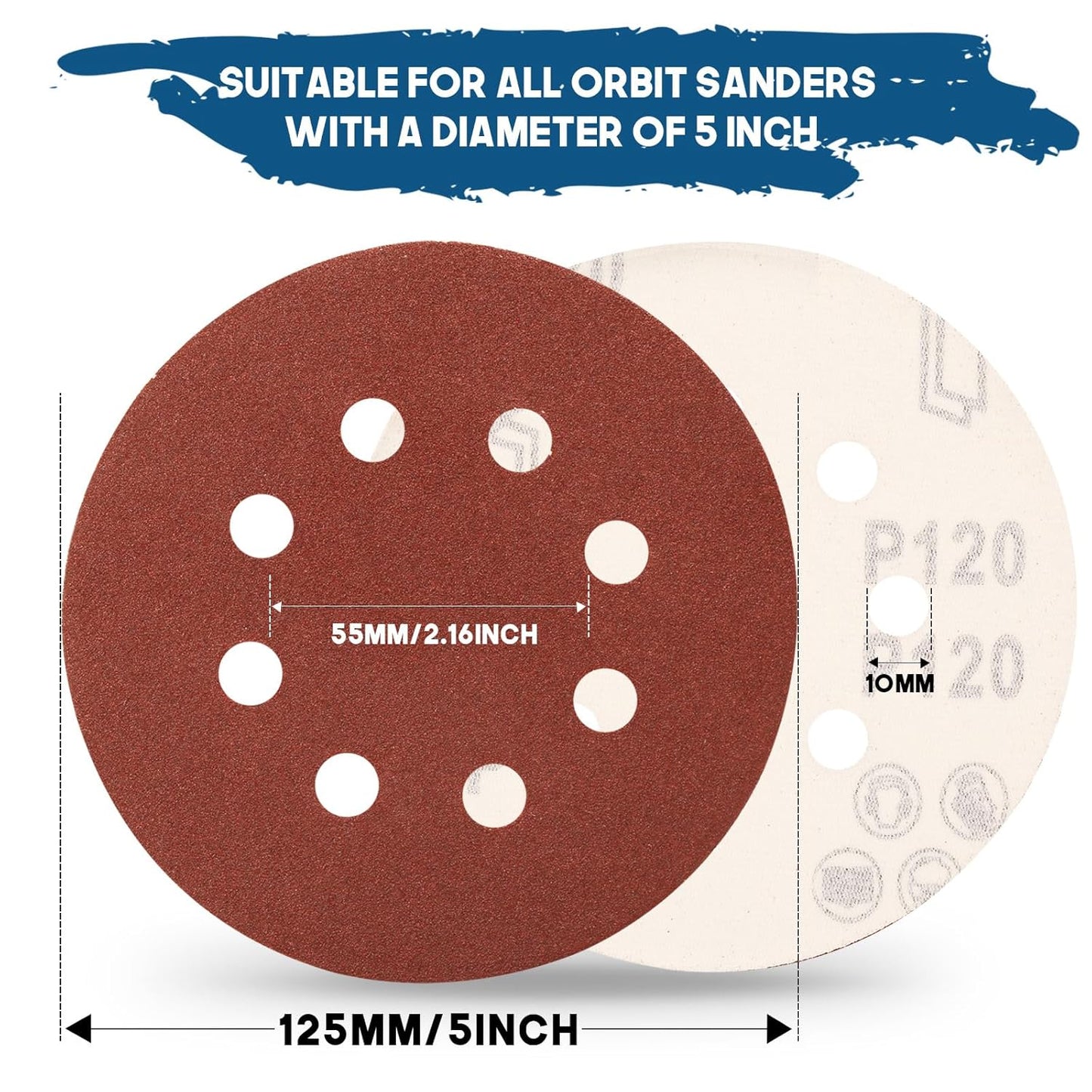 5 Inch 8 Hole Sanding Discs, 150 PCS 120 Grit Hook and Loop Sandpaper, Round Aluminum Oxide Sand Paper Discs for Random Orbital Sander