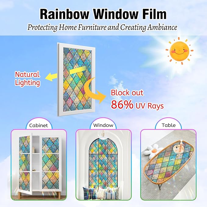 QHY Sunshine Colorful Rainbow Stained Glass Window Film Non-Adhesive Window Privacy Film Reusable Decorative for Room (Chequered Rainbow, 35.4 X 157.4 in)