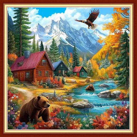 Joyhoor Cross Stitch Kits for Beginners Stamped Cross-Stitch Supplies Needlework preprint Embroidery Kits for Adults DIY Needlepoint Kits Embroidery Patterns 11CT-Beautiful Home 18x18 inchs