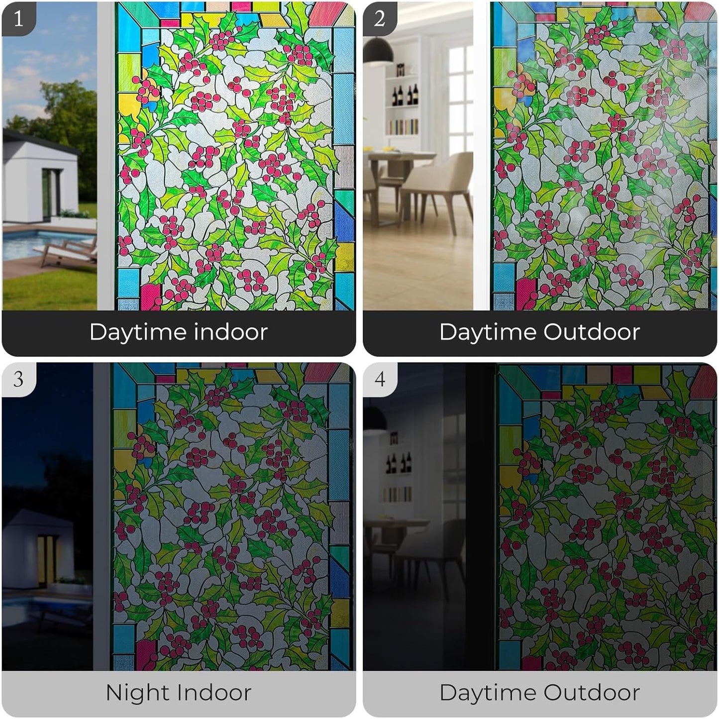 3D Stained Glass Window Film, Decorative Window Privacy Film for Bathroom,Front Door,Home, Sun Blocking Heat Control,Static Cling,23.6inch x 35.4inch Holly