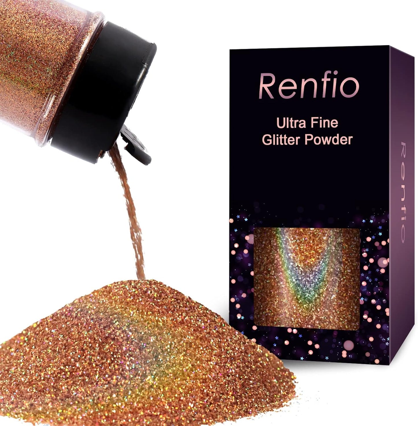 Renfio Holographic Ultra Fine Glitter Powder Metallic Resin Glitter 2.11 Oz (60g) PET Flakes Crafts Sequins 1/128" 0.008" 0.2mm Epoxy Chips Flakes for Tumblers Slime - Laser Rose Gold
