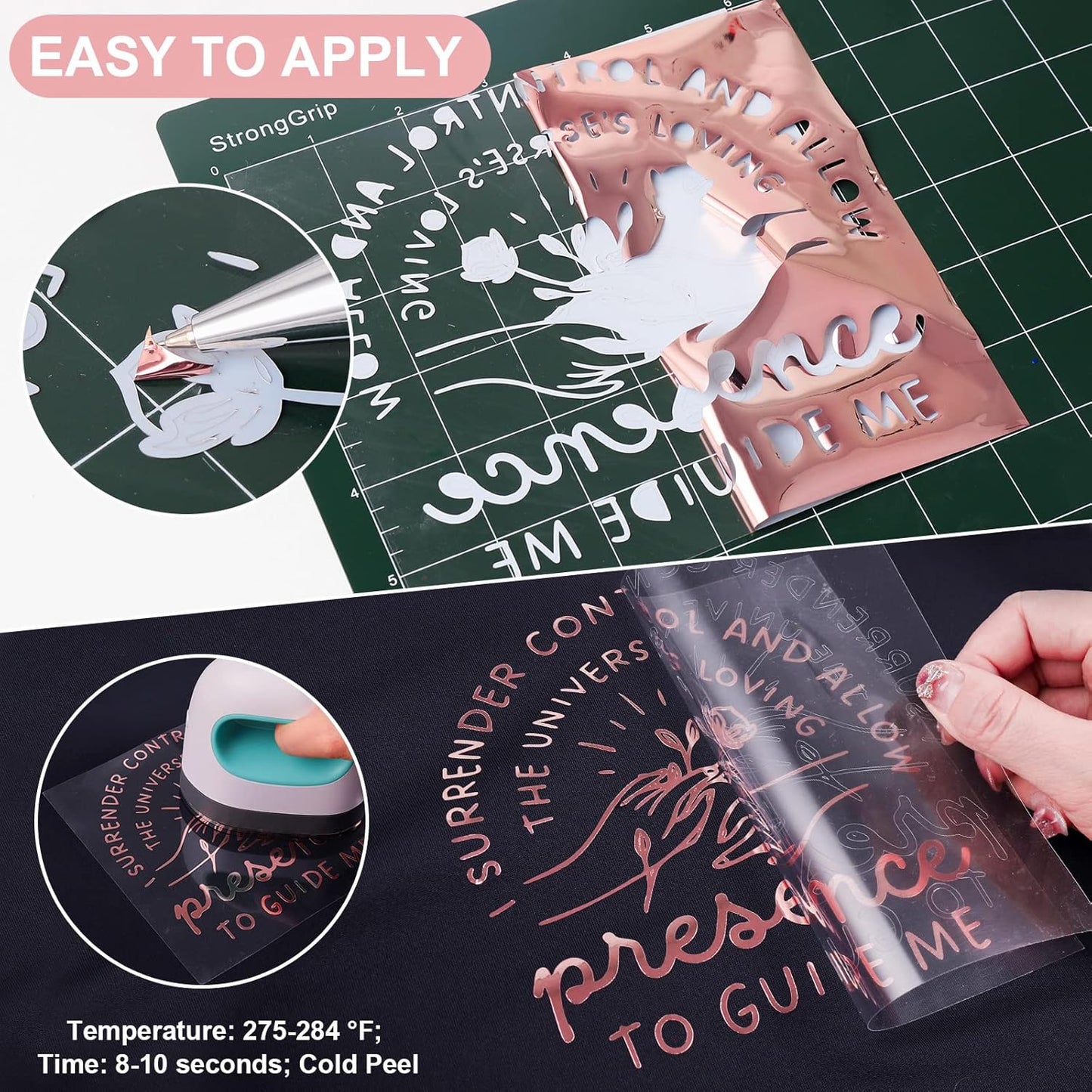 VINYL FROG Metallic Foil HTV Vinyl Roll 12" x5ft Rose Gold Chrome Iron on Vinyl Easy to Cut & Weed Heat Transfer Vinyl DIY Heat Press Design for T-Shirts