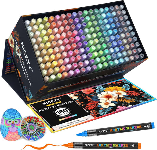 NICETY 180 Acrylic Paint Markers, Acrylic Paint Pens Brush Tip for Rock Painting, Wood, Glass, Stone, Canvas, Ceramic, Fabric - Acrylic Markers DIY Craft & Art Supplies for Adults, Artists