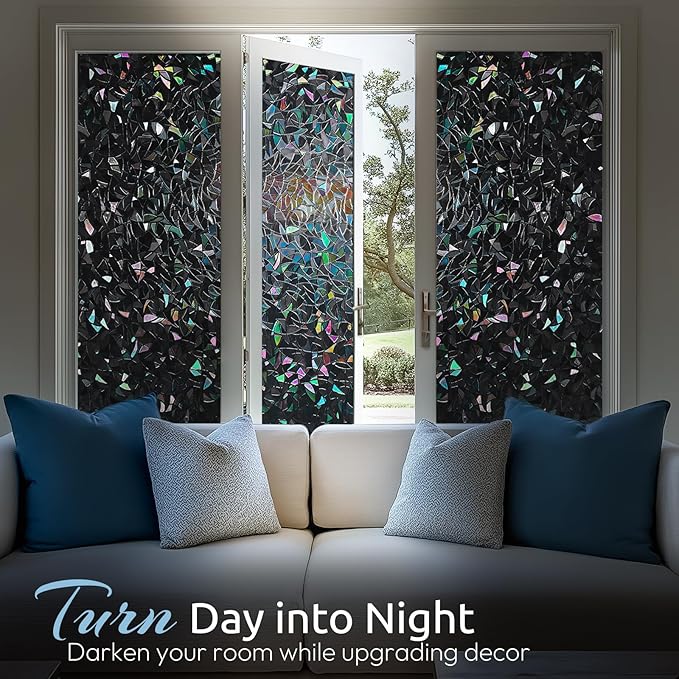 rabbitgoo Window Privacy Film Rainbow Film Decorative Window Sticker, 3D Static Stained Glass Cling Tint for Room Darkening Day Sleep, Black, 17.5 x 78.7 inches