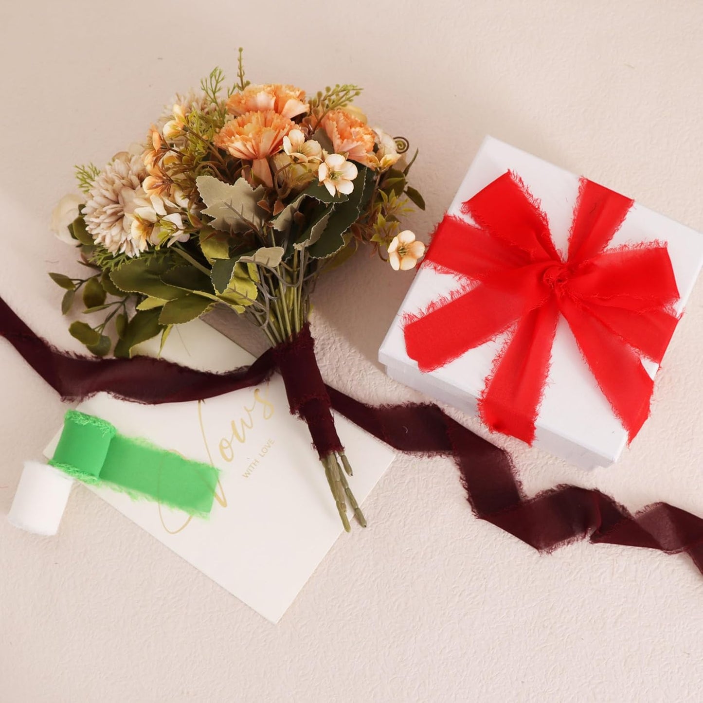 TONIFUL 4 Rolls Silk Chiffon Ribbon 1-1/2 Inch x 22 Yards, Bright Red and Green Handmade Fringe Silk Ribbon Set for Gift Wrapping Flowral Bouquets Crafts Christmas Wreath Elf-Themed Party Decoration