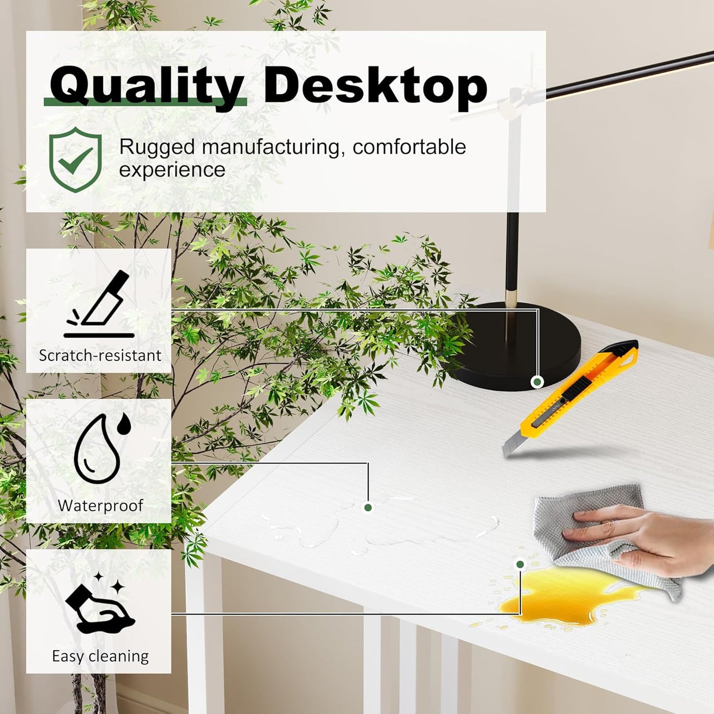 Small Folding Desk 35 inch, No Assembly Required Narrow Office Desk, Writing Gaming Computer Camping Table, White