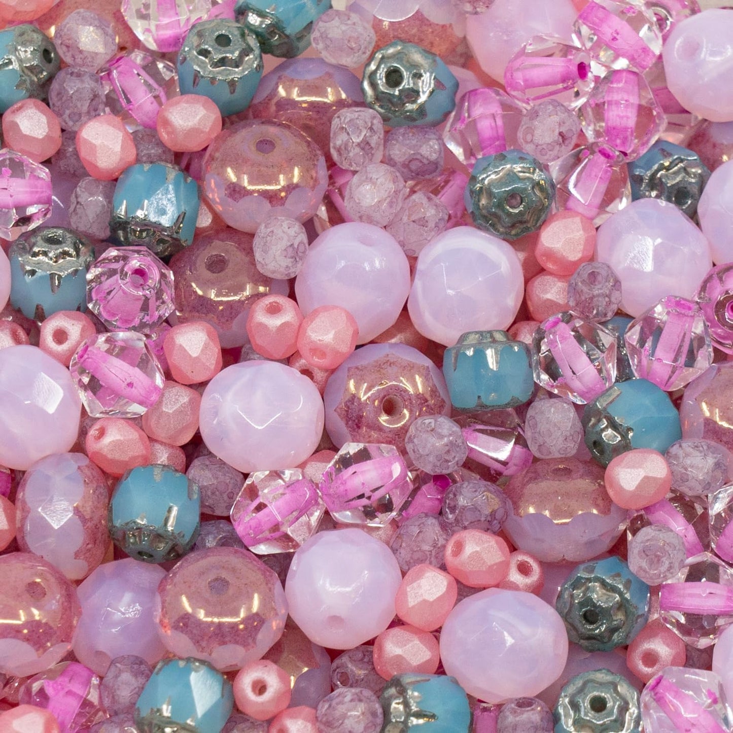 1.8 oz (50g) Gentle Mix of Faceted Fire Polished Czech Glass Beads (Round, Rondelle etc) 4-8mm, Light Pink