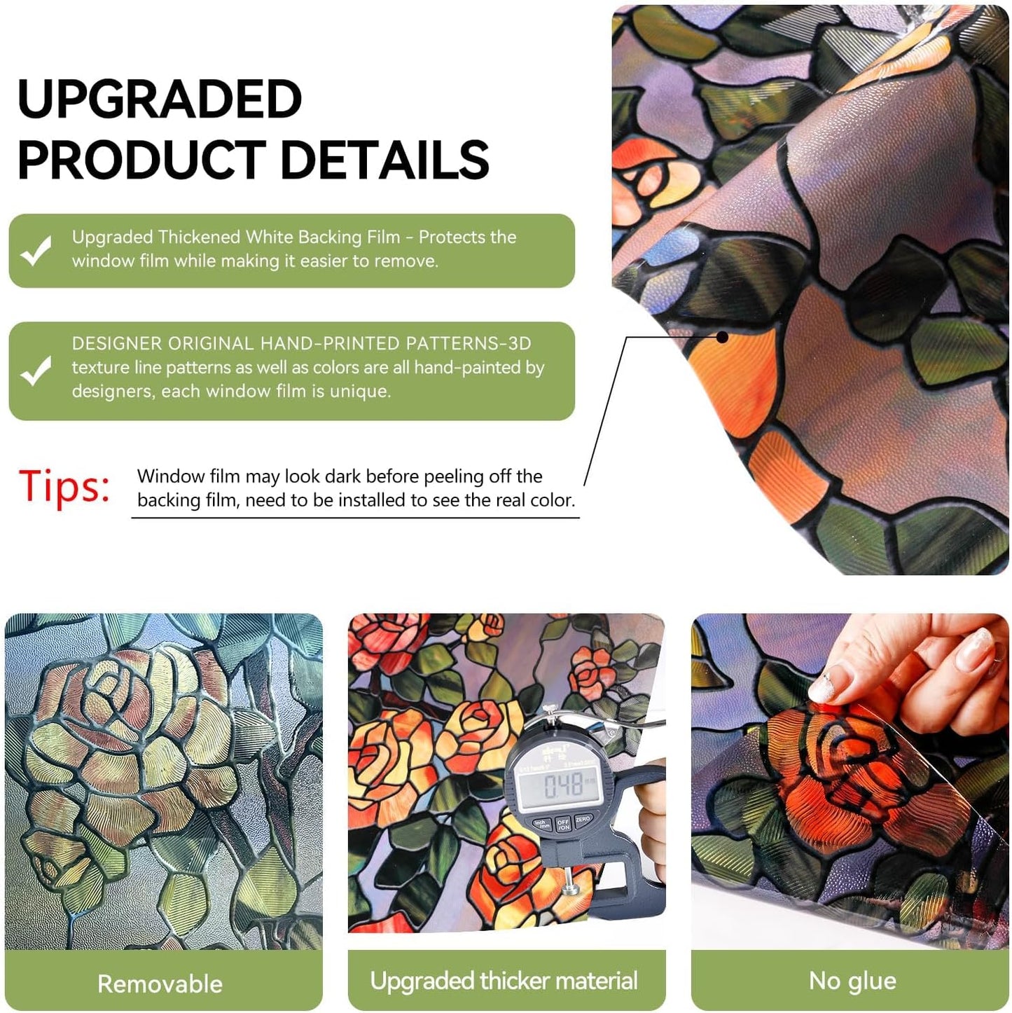 Stained Glass Window Film, 3D Decorative Window Privacy Film for Bathroom,Front Door,Home, Sun Blocking Heat Control,Static Cling, The Beast's Rose 17.3inch x 47.2inch