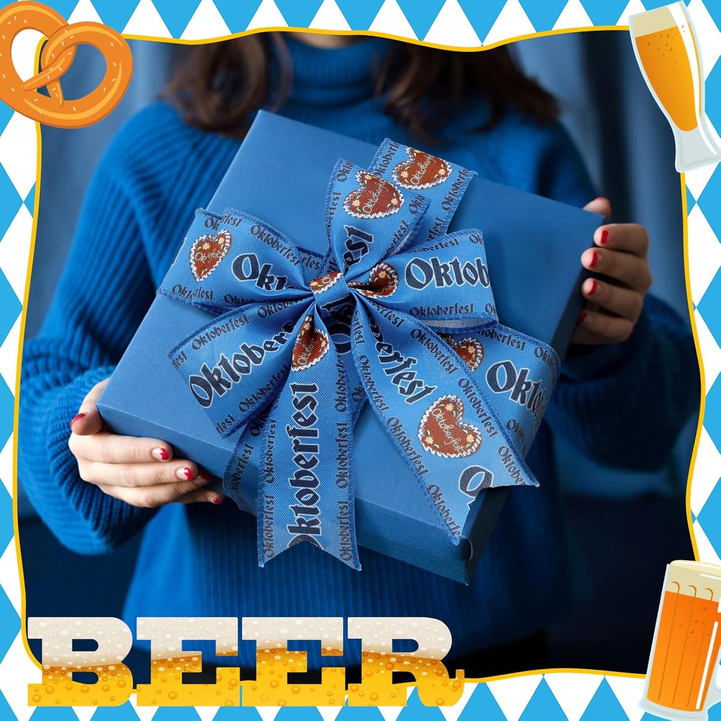 12 Rolls Oktoberfest Wired Edge Ribbon for Wreaths 2.5 Inch x 30 Yards Blue and White Print Grosgrain Ribbon Bavarian German Beer Crafts for Oktoberfest Party Decorative Supplies, 12 Styles