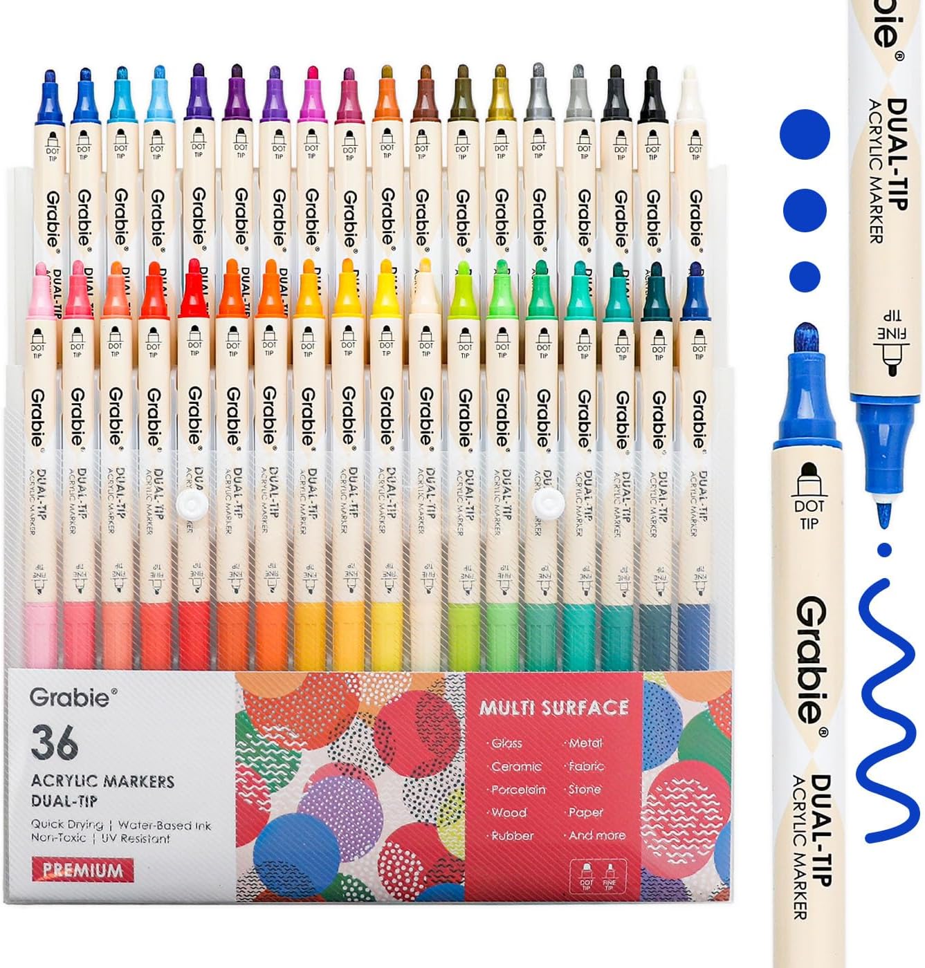 Grabie 36 Dual Tip Acrylic Paint Markers, Acrylic Paint Pens, Fabric Markers for Fabric, Canvas, Rock, Glass, Wood, Paper, DIY, Canvas DIY Art Supplies Kit, Set of 36