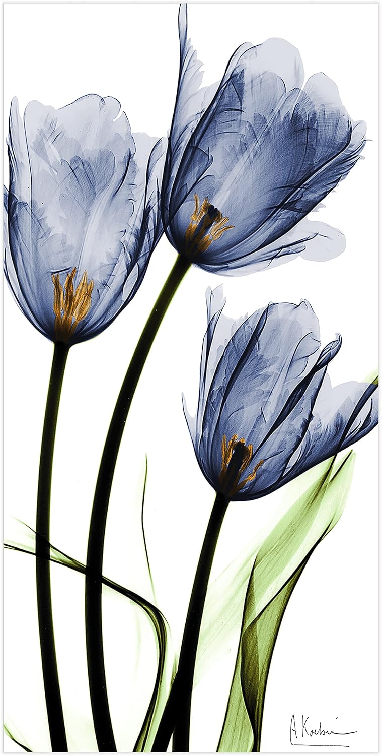 Empire Art Direct Frameless Free Floating Tempered Glass Panel Graphic Wall Art Ready to Hang, 24" x 48", Three Blue Tulips, Flower wall art