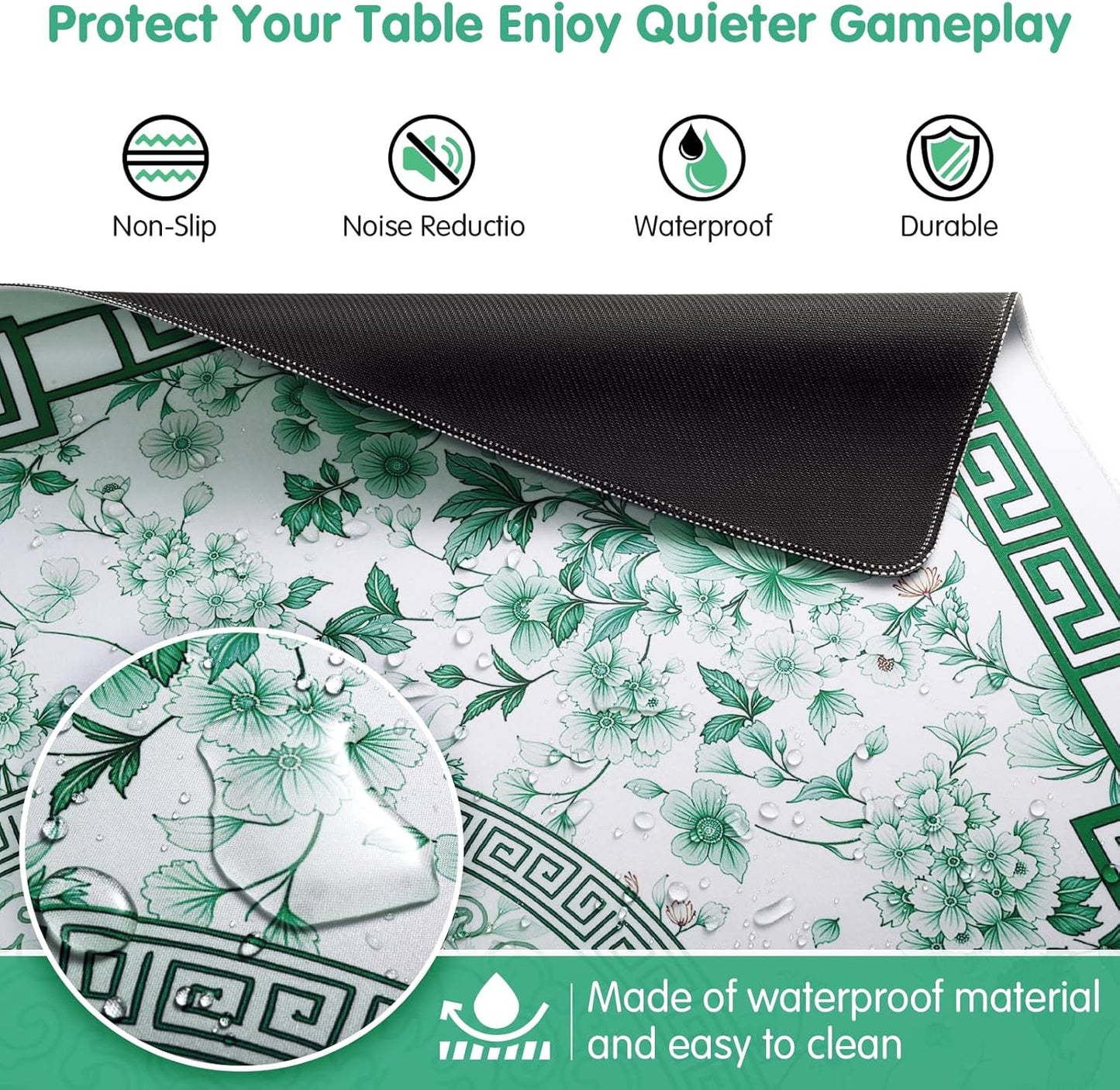 Mahjong Mat for Table 33x33 Inch, No-Crease,Anti-Slip,Noise-Reducing American Mahjong Mat, Mahjong Table Mat with Carry Bag, Neoprene Mahjong Mat for Poker, Card, Board (Green)