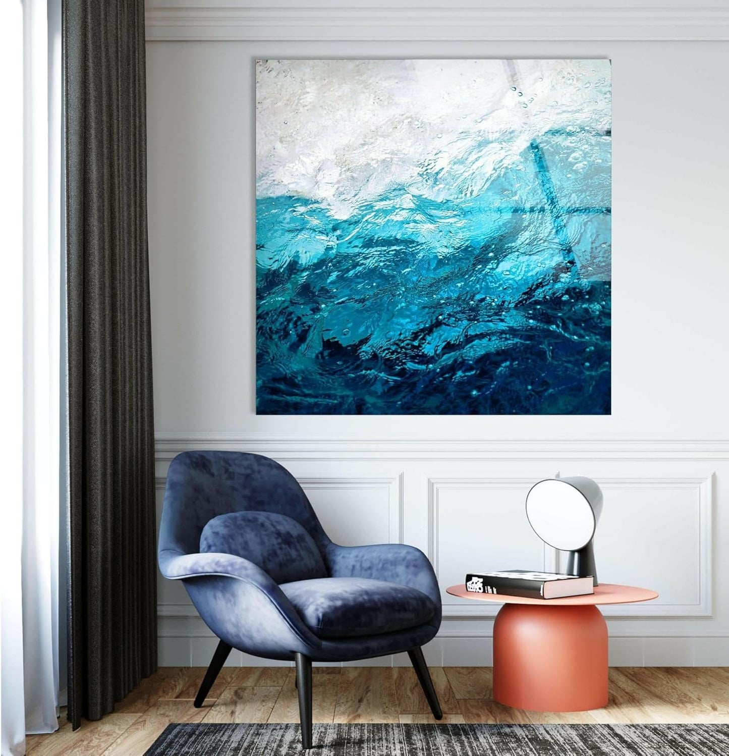 My Photostation.com 48Wx32H'' Blue Waves Abstract Glass Wall ArtTempered Glass Printing Wall Decor Large Wall Art Wall Hangings