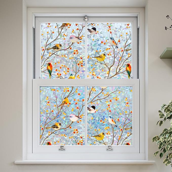 DKTIE Country Rustic Window Privacy Film Rainbow Film Decorative Window Sticker, UV2 Static Stained Glass Cling Tint for Home Heat Control Non-Adhesive (S3533, 23.6in X 118.1in)
