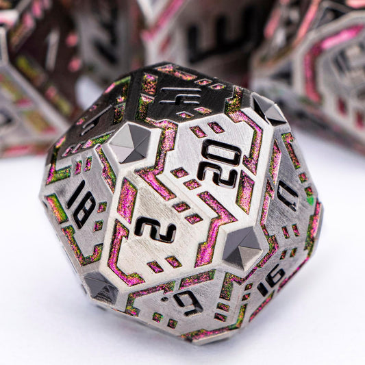 Metal DND Sci-fi Dice Set 7PCS Stripe Polyhedral Dice for Dungeons Dragons RPG Role Playing Game, Glitter D and D Dice with Gift Box D6 D8 D10 D12 D20 (Grey&Purple Red)