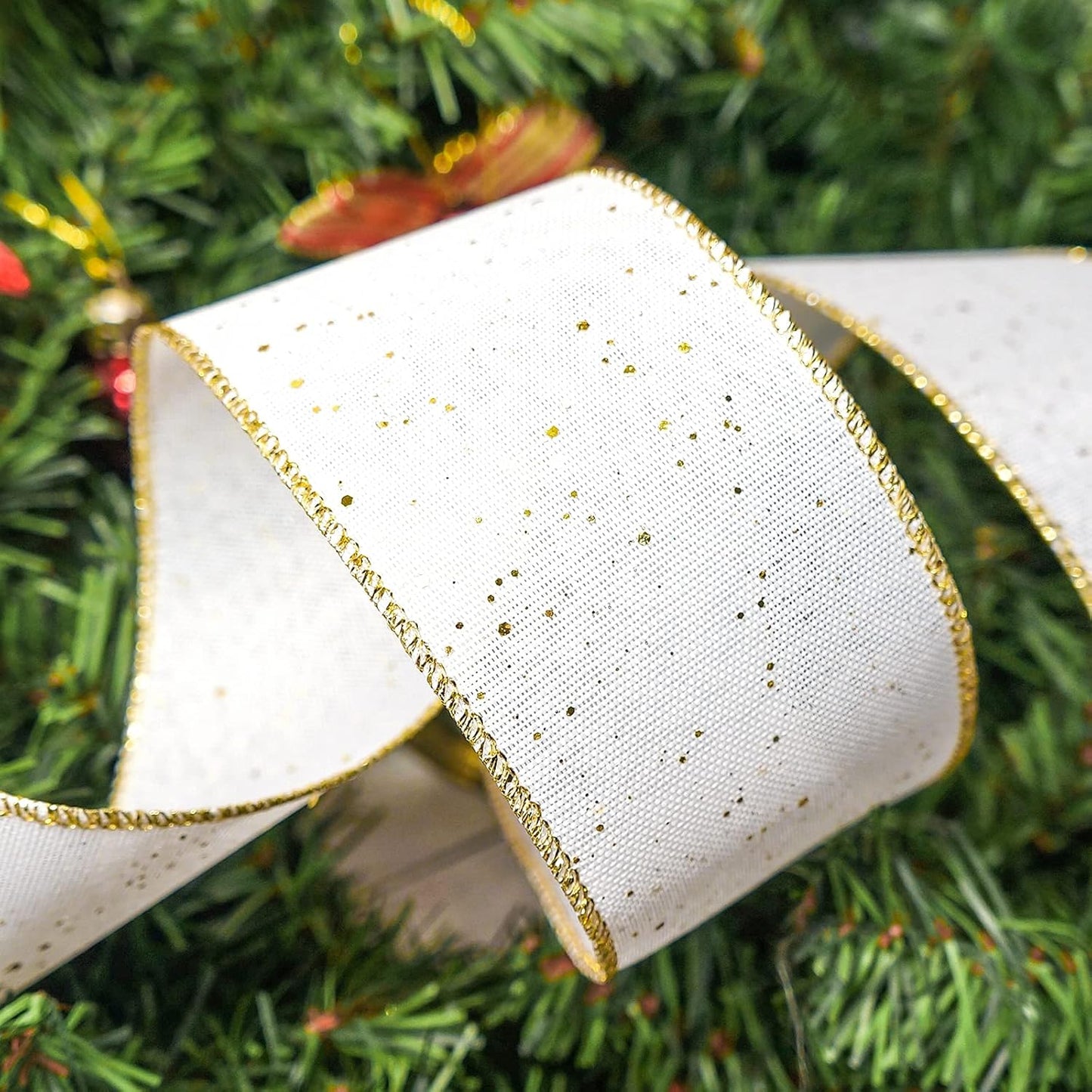 CT CRAFT LLC Whtie Burlap Fabric Confetti Glitter Wired Ribbon 2.5" x 10 Yards White Color for Christmas Home Wedding Decor Gift Wrapping Tree Topper Bow Wreath Bouquet DIY Crafts