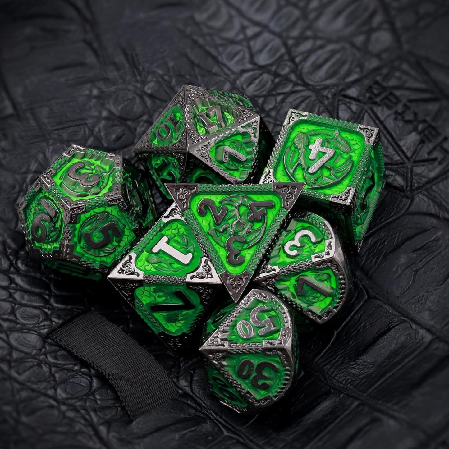 Haxtec Metal Dice Set Green Black Dragon Pattern Metal DND Dice with Leather Dice Bag Polyhedral D&D Dice Compatible with Dungeons and Dragons TTRPG Gifts