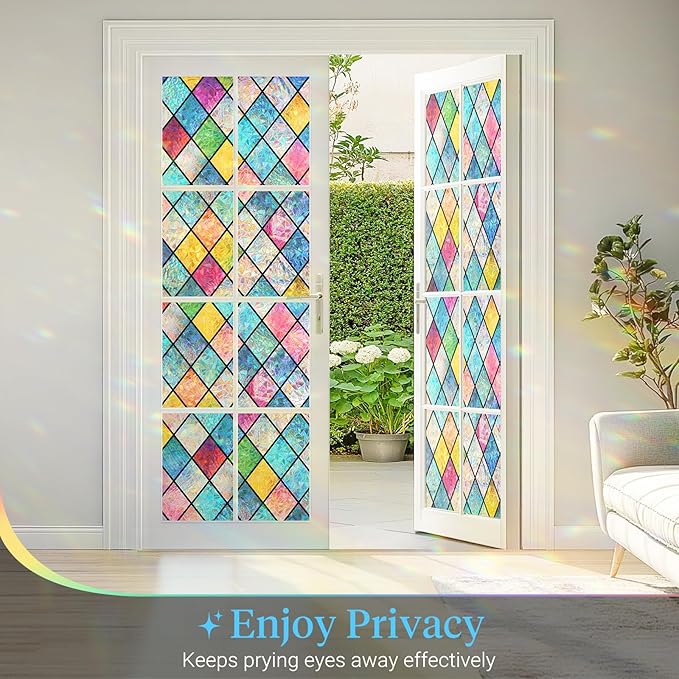 Haton Stained Glass Window Film, Rainbow Window Privacy Film, Decorative Sun Blocking Glass Clings Stickers, Static Cling Colorful Lattice Coverings Decals for Home Door 35.4" x 78.7"