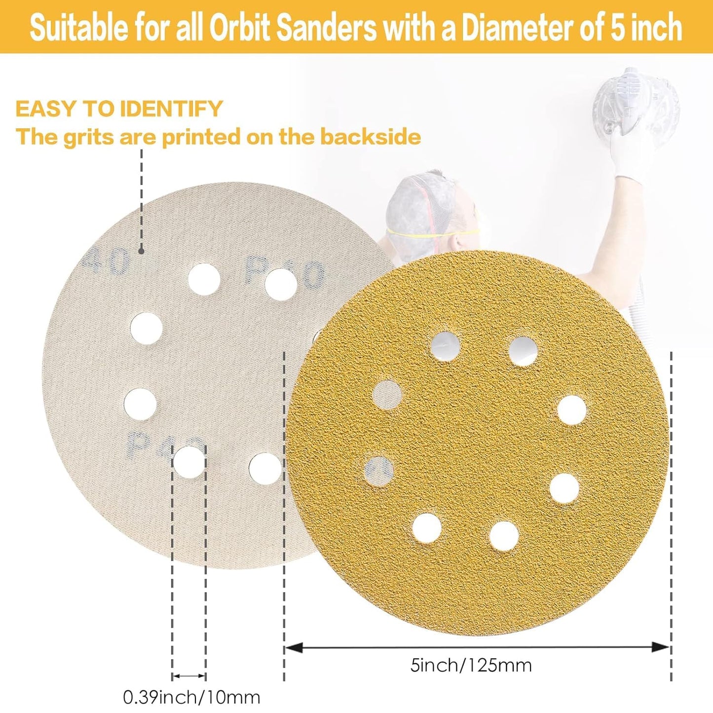 100PCS 5 Inch 8 Hole Sanding Discs 220 Grit,Gold Round Hook and Loop Sandpaper for Random Orbital Sander