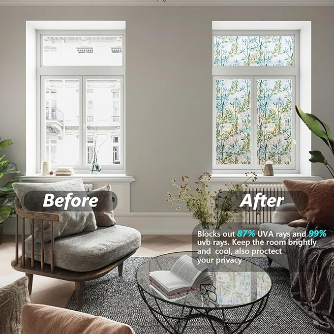 Finnez Window Privacy Film 3D Static Cling Window Film, No Glue Heat Control & 96% UV Blocking for Home Office, Decorative Frosted Glass Cover 45.2 Inch x 6.5 Feet