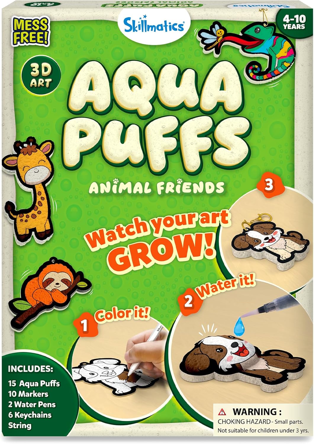 Skillmatics 3D Art Kit - Aqua Puffs Animals, Mess-Free Paint by Number Craft for Kids, DIY Color & Inflate Activity, Travel & Creative Gift for Girls & Boys Ages 4, 5, 6, 7, 8, 9, 10