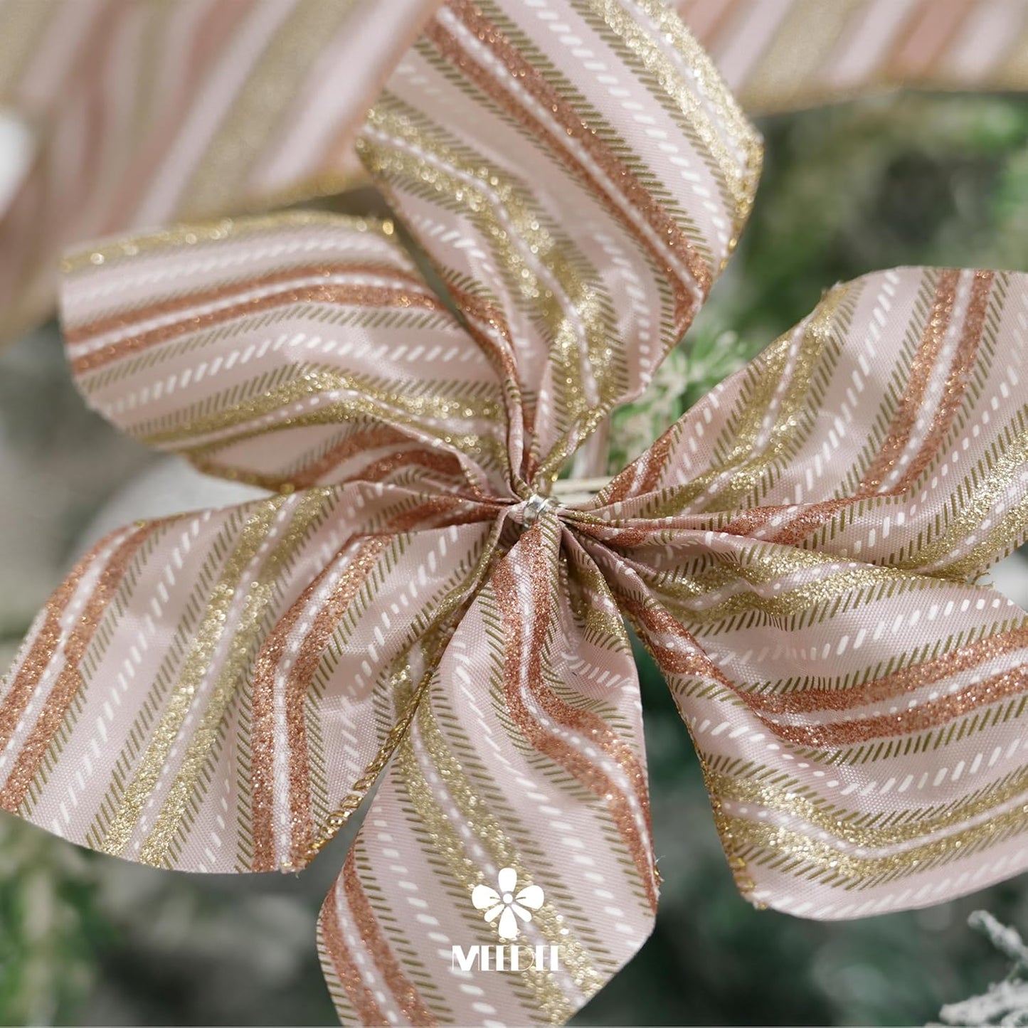 MEEDEE Pink Diagonal Striped Ribbon 2.5 Inch Blue Satin with Rose Gold and Champagne Glitter Wired Ribbon for Christmas Tree, Garlands, Wreaths, Topper Bow (10 Yards)