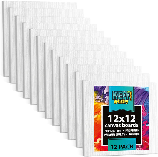 KEFF Canvas Boards for Painting - 12x12 12-Pack Bulk Canvas Panels, 100% Cotton Triple Primed Large Canvases for Art Painting Supplies, Acrylic, Oil, Watercolor & Tempera