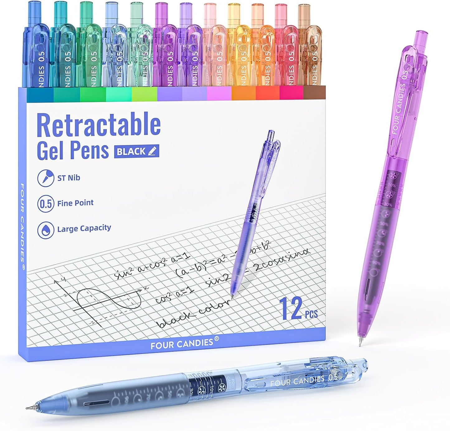 Four Candies 12Pack 0.5mm Black Ink Quick Dry Retractable Gel Pen Set, Cute Transparent Pastel Fine Point Note Taking Aesthetic lnk Pens, Comfort Grip Drawing Writing School Office Home (Black)