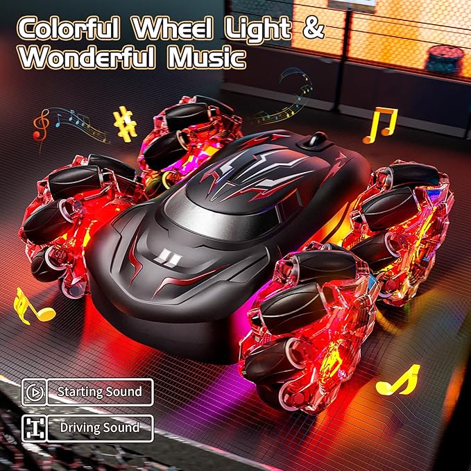 Gesture Sensing RC Stunt Car with LED Lights, Double-Sided Flips Driving 360° Rotating, Sidesway, 2.4GHz 4WD Hand Controlled Remote Control Car for Boy 4-7, 8-12, Birthday Gift for Kids (Red)