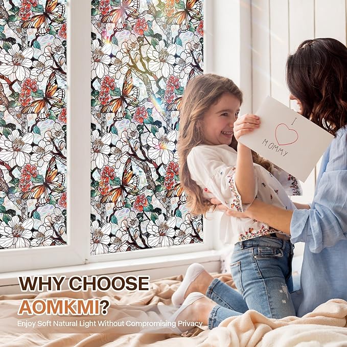 Stained Glass Window Film UV Resistant Window Privacy Film Butterfly Floral Privacy Rainbow Decals Living Room Bedroom Sun Blocking Decor Removable Static Cling Stickers 17 x 78.74 Inch