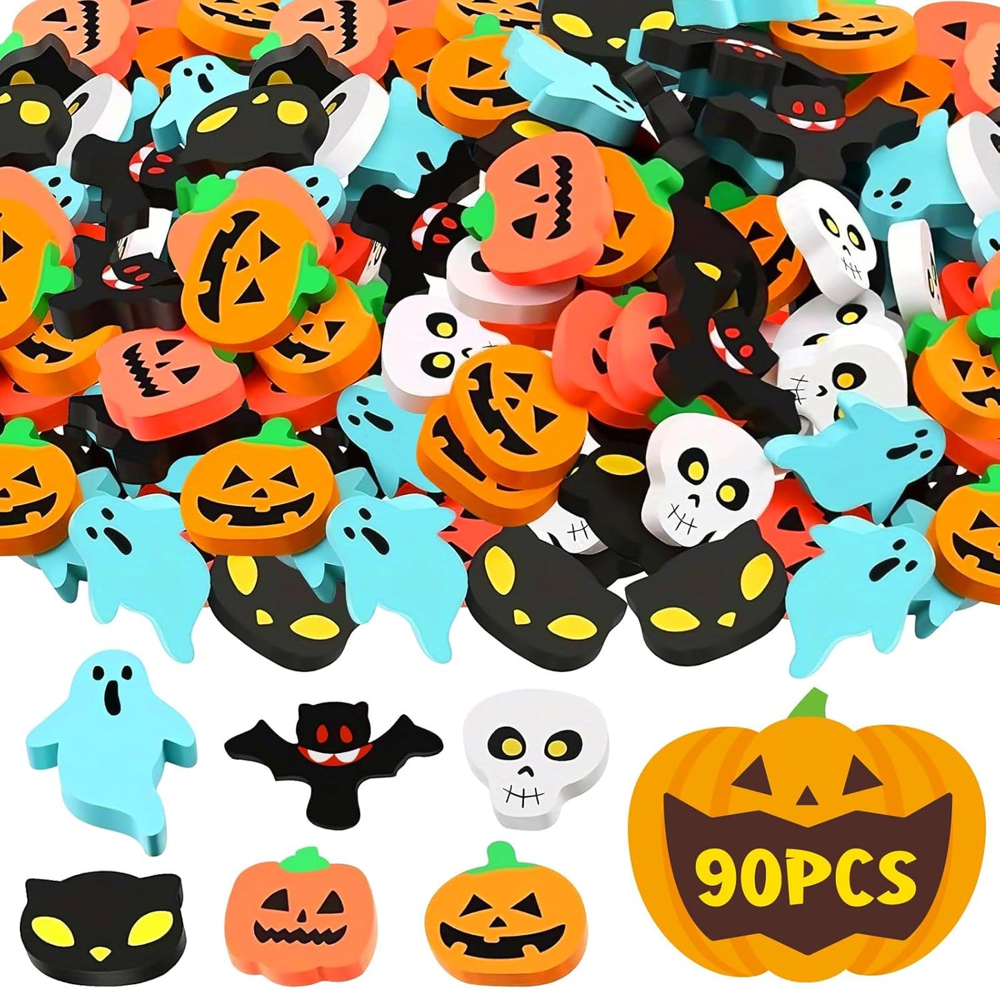 90 Pcs Halloween Mini Erasers for Kids, PLULON Goody Bag Fillers Pumpkin Black Cat Bat Skull Ghost Erasers Bulk Novelty Funny Halloween Classroom Trick or Treat Party Favors Gift