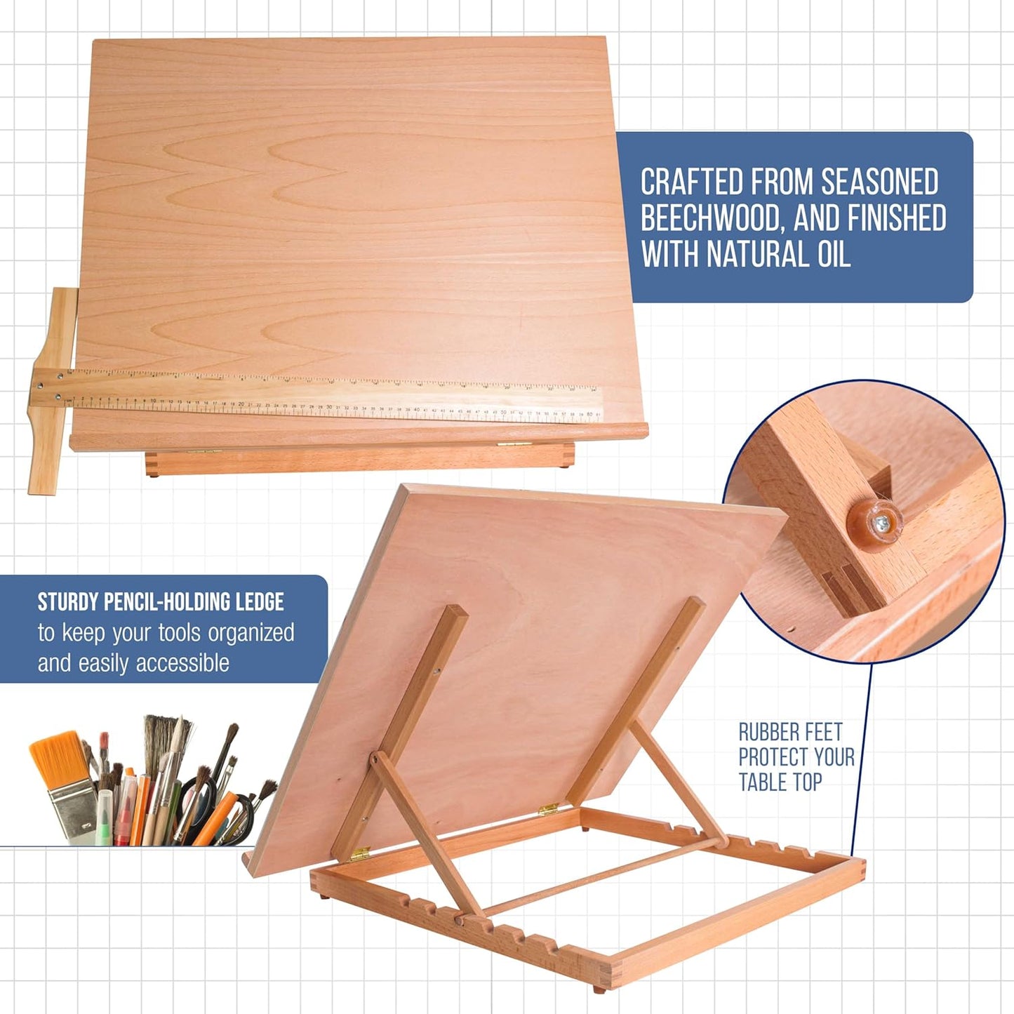 U.S. Art Supply X-Large 26" x 21" Adjustable Wood Art Drawing Board - 6 Angles, Beechwood Construction, Pencil Ledge, 24" T-Square - Ideal for Design, Drafting & Architecture Work