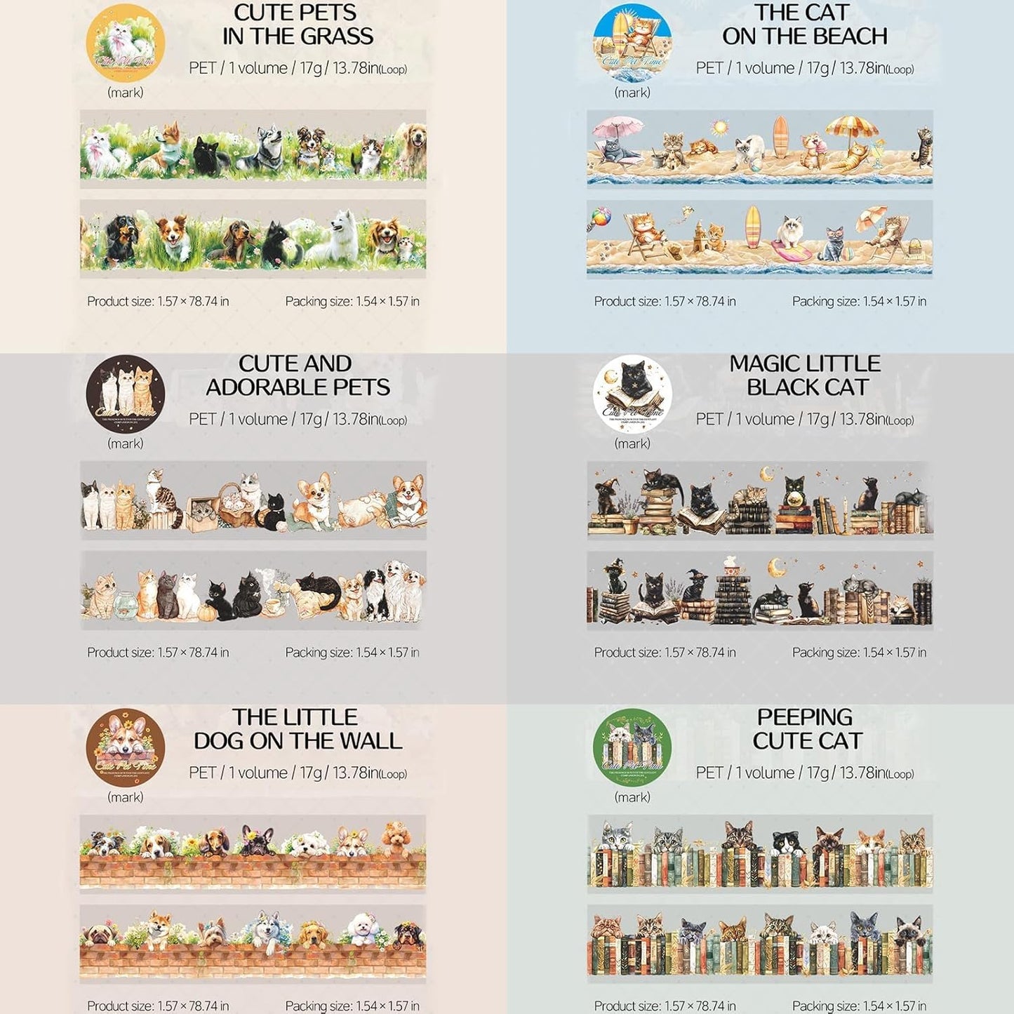 PET Tape Set for Junk Journal,6 Rolls Cute Cat Tape Stickers,Clear Pet Dog Stickers for Scrapbooking,Journaling,Planner,DIY Arts Crafts,Notebook,Phone Case,Cups(Pet Time)