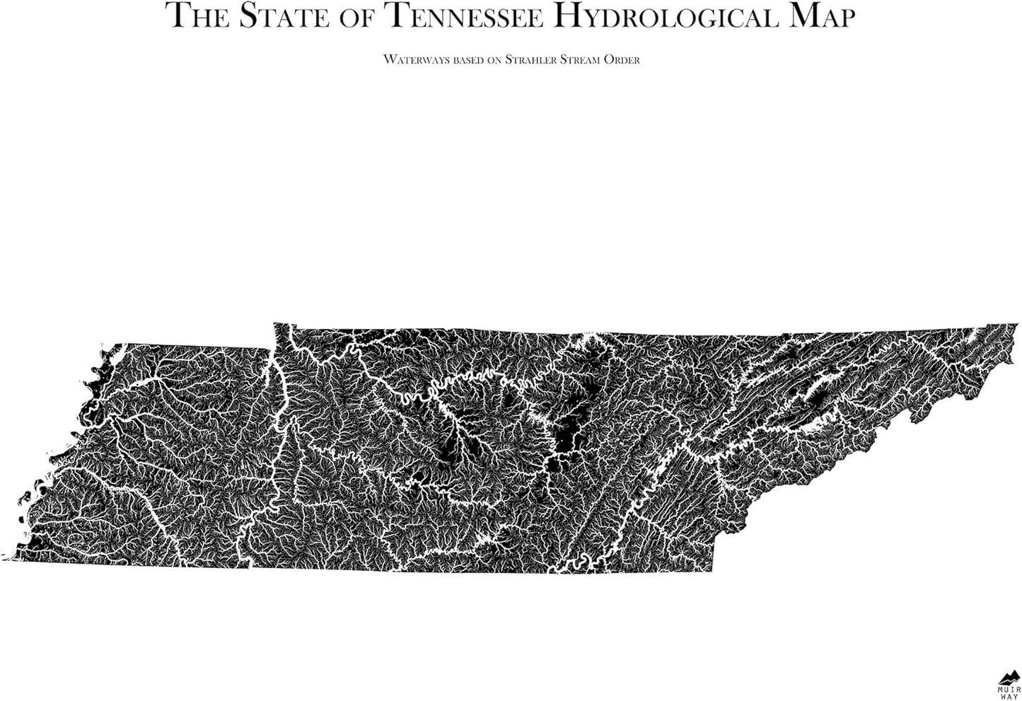 Muir Way Hydrological River Map of Tennessee - Watershed Topographic Wall Art for Home, Office, or Travel Decor - Unframed Flat Paper Print, 18x24