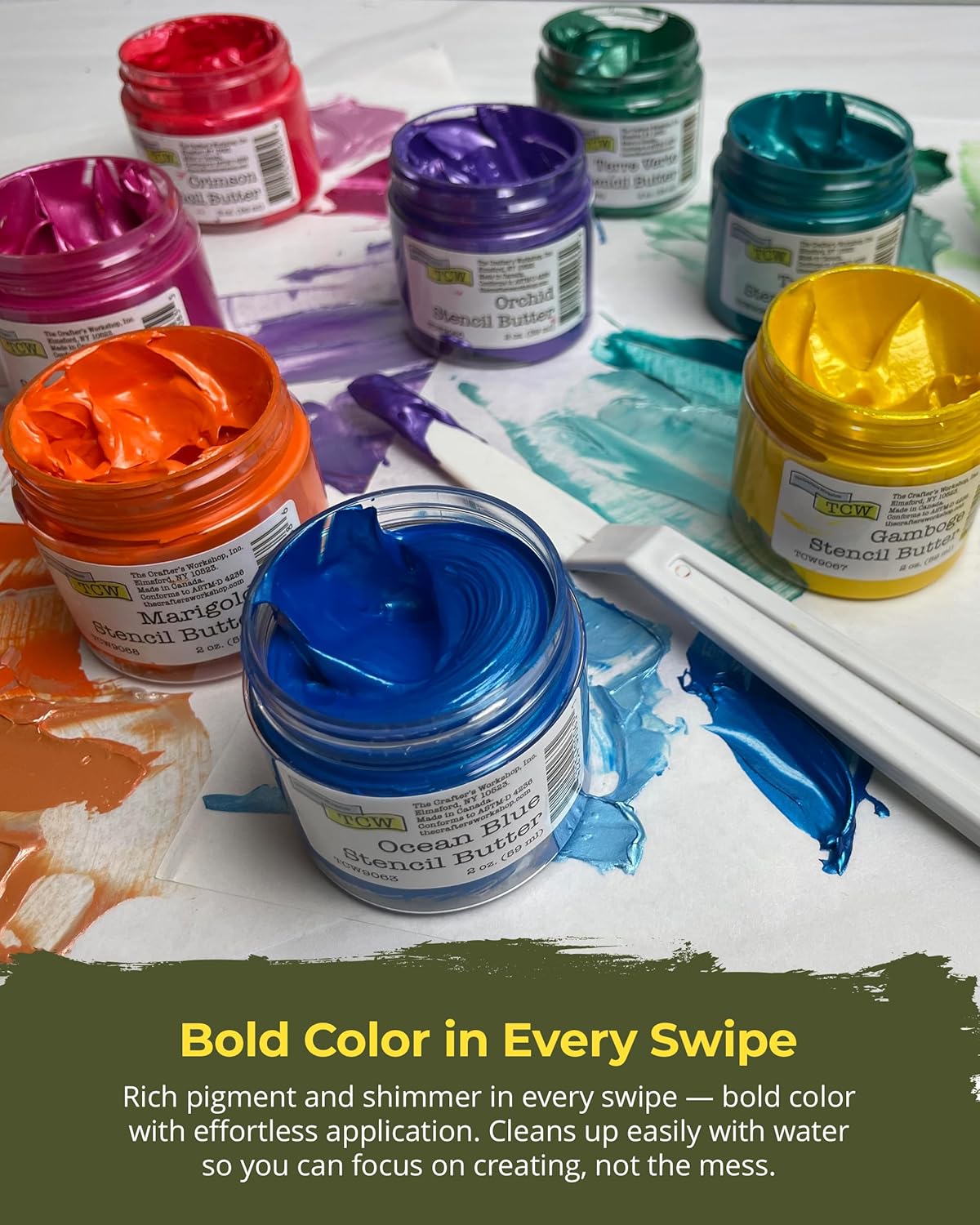 The Crafter's Workshop Stencil Butter Medium, Easy-to-Spread, Adds Shimmer, Shine and Colorful Texture, Cleans Up with Water, 4 pk, 2-oz Each, Petals and Herbs