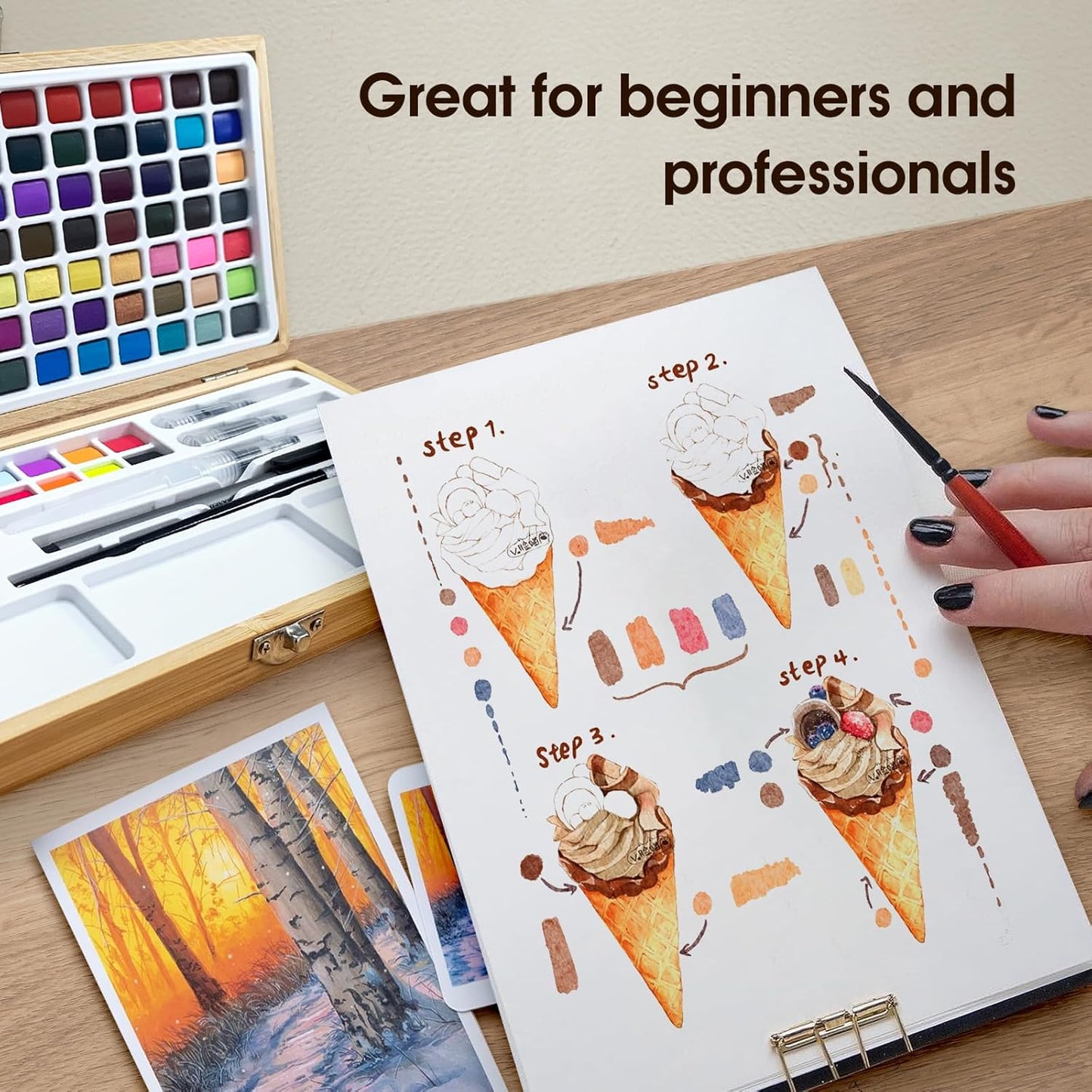 Watercolor Paint Set,100 Colors in Nature Bamboo Box,Portable Water Colors Kit with Papers and Brush Pens,Great for Kids Adults Beginners & Professionals（bamboo）