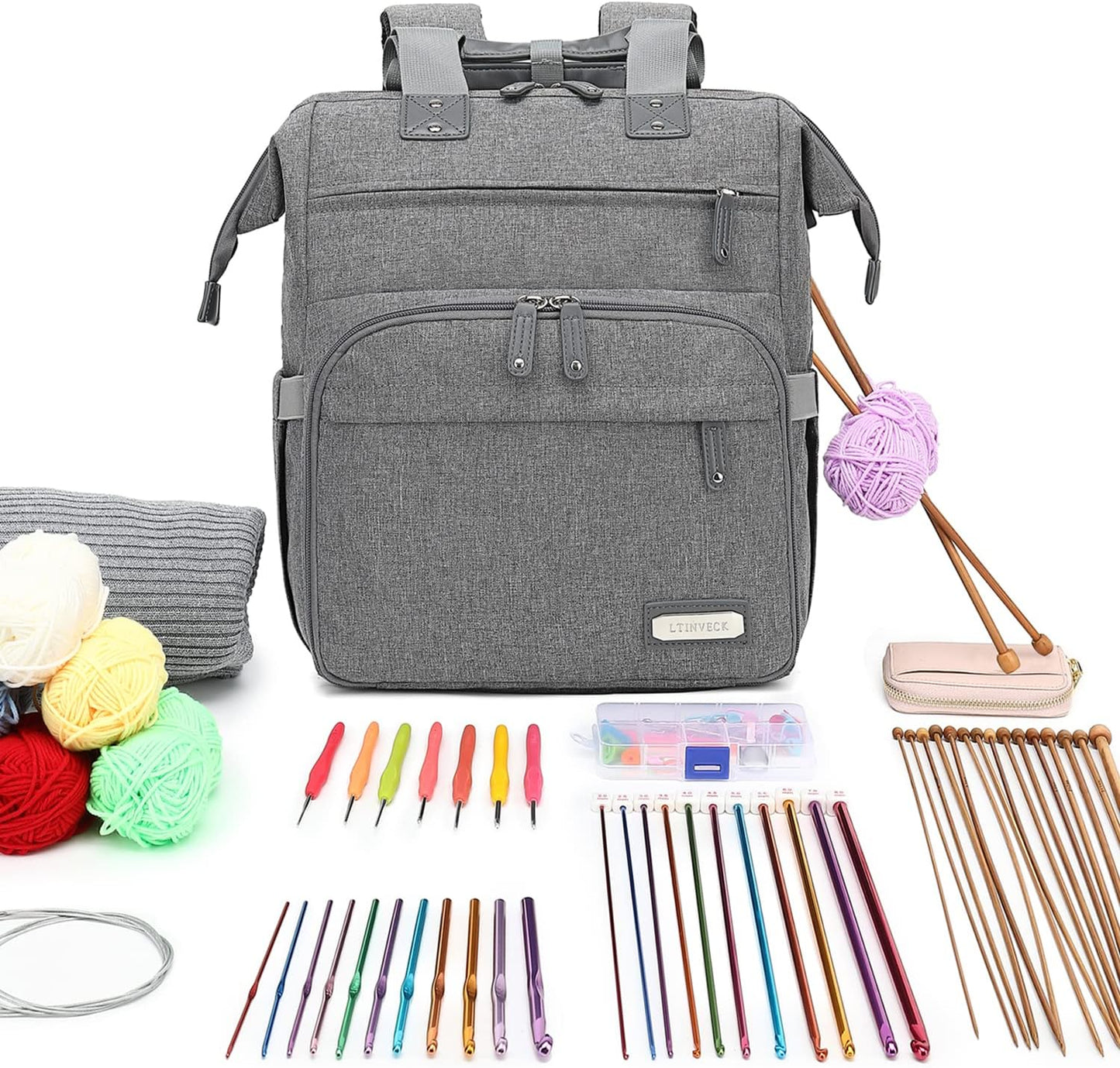 Knitting Bag Backpack Yarn Storage Organizer Travel Bag with USB Charging Port, Large Tote Bag Holder Case for Knitting Needles, Crochet Hooks, Accessories, Grey