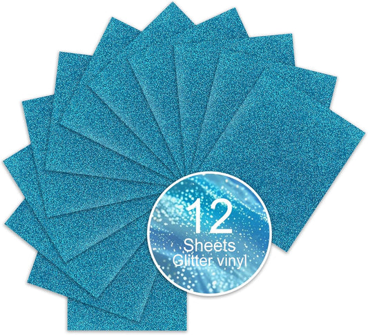 Aqua Blue Glitter HTV Sparkly Heat Transfer Vinyl – 12 Pcs 12x10Inch Iron-On Vinyl Sheets for T‑Shirts & DIY Craft Gifts, Easy to Cut & Weed, No‑Flake & Washable, Work with All Cutter Machines