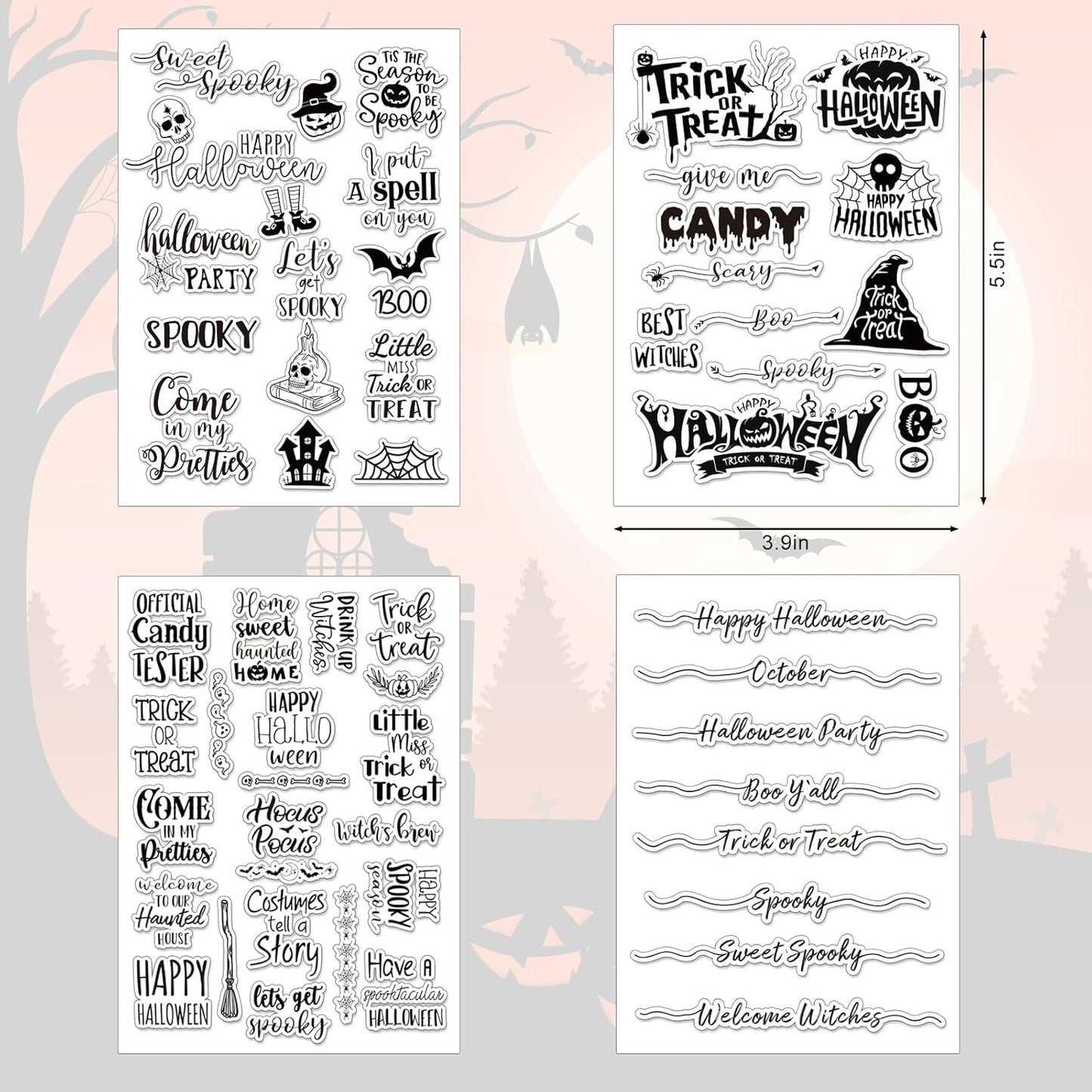 Whaline 4 Sheets Halloween Clear Stamps Greeting Words Pumpkin Bat Silicone Transparent Stamps Happy Halloween Stamp Cards for DIY Crafts Card Making Scrapbooking Embossing Album Decor