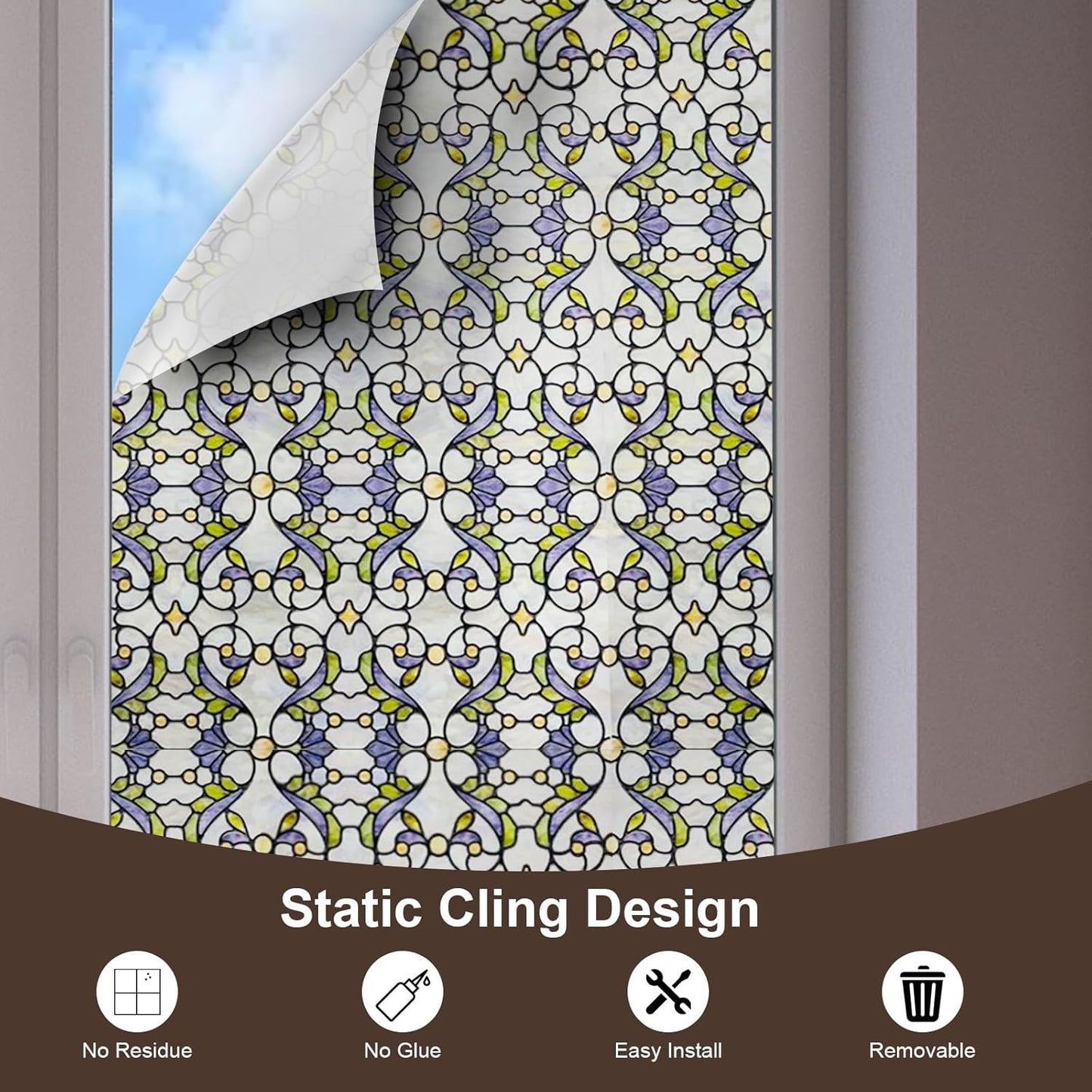 3D Stained Glass Window Film, Decorative Window Privacy Film for Bathroom,Front Door,Home, Sun Blocking Heat Control,Static Cling, Genes 23.6inch x 35.4inch