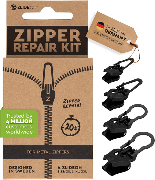 ZlideOn Zipper Pull Replacement - Black, Normal Multipack (4 Pieces) - Instant Zipper Replacement Slider for Metal Zippers
