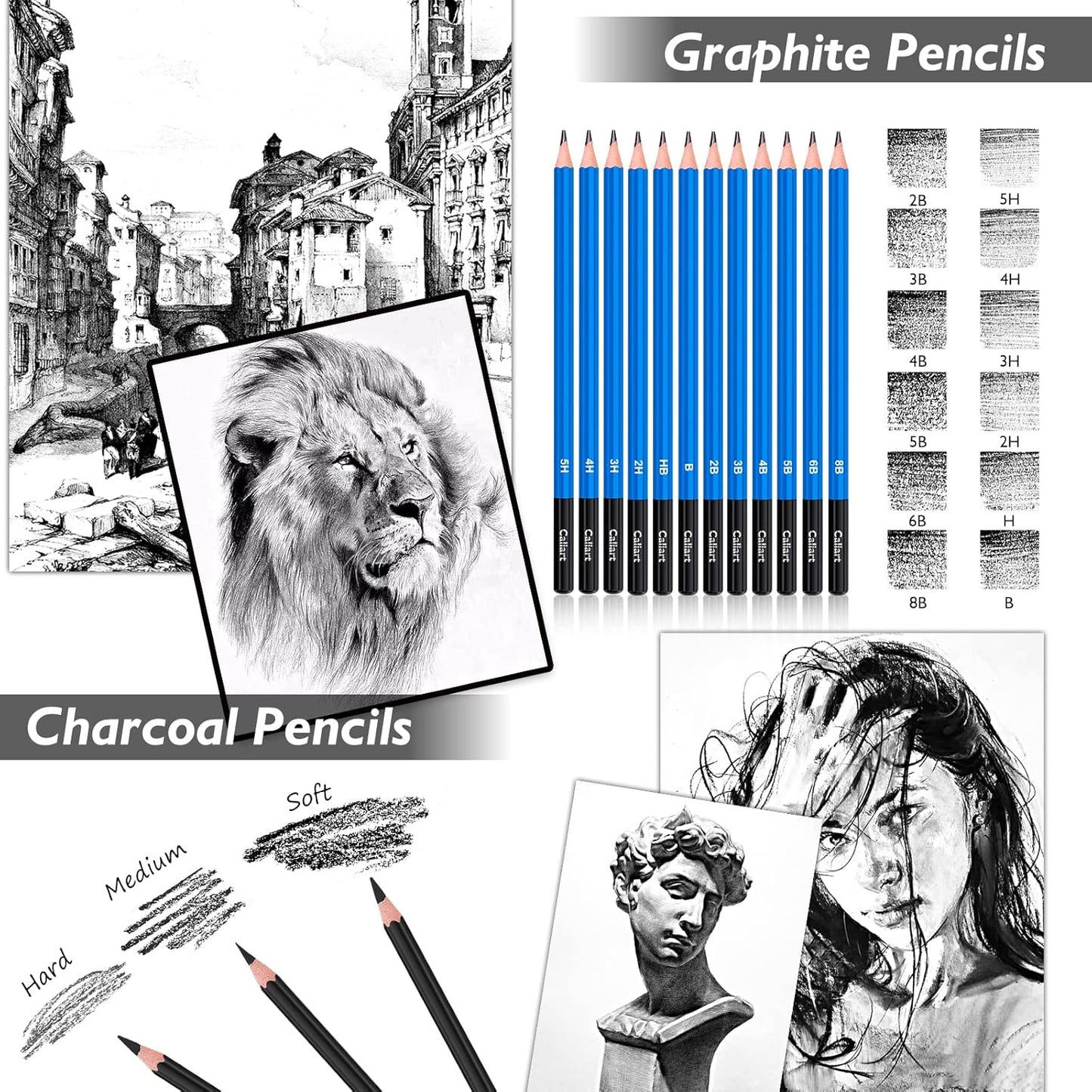 Caliart 176PCS Art Supplies Sketching Kit with 100 Sheets 3-Color Sketch Book, Graphite Colored Charcoal Watercolor & Metallic Pencils, Drawing Set Christmas Gifts for Adults Teens Girls Boys Kids