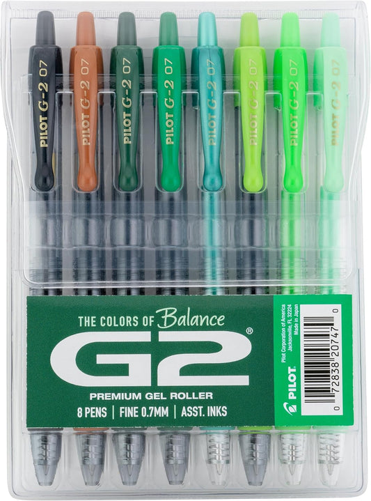 Pilot G2 Premium Gel Roller Pens, Fine Point Gel Pens, Boost Green Pack, The Colors of Balance, 8-Pack Pouch, 0.7 mm, Assorted - Ideal for School, Journaling, & Office Writing