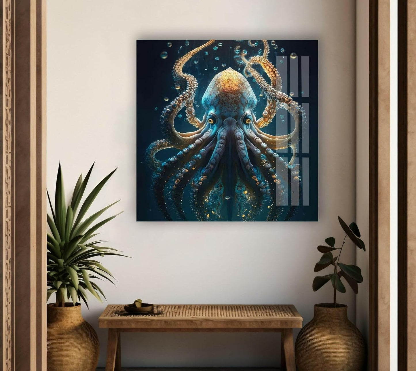 My Photostation.com 27Wx43H'' Underwater Blue Octopus Glass Wall Art Tempered Glass Printing Wall Decor Large Wall Art Wall Hangings
