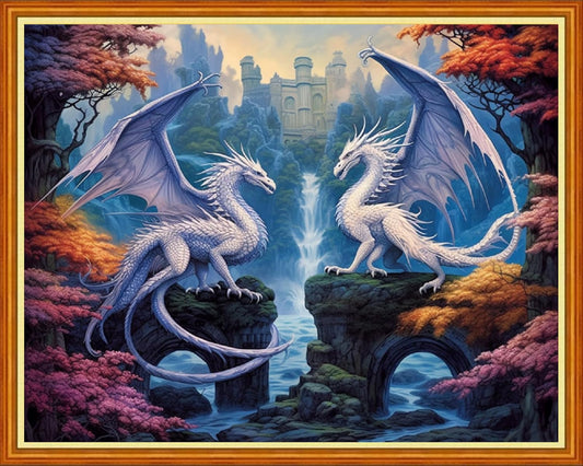 Dooxvey Cross Stitch Kits for Adults Beginners - Full Range of Stamped Kits - 11CT Cross Stitch Patterns - Two Dragon Waterfalls - 16x20 inch