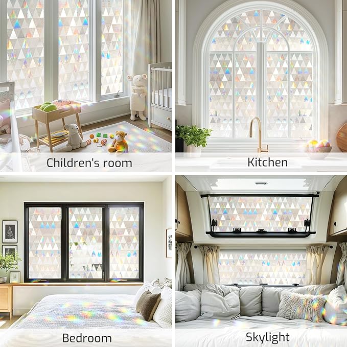 LUTE Window Privacy Film, Decorative Stained Glass Rainbow Window Clings, Sun Blocking Glass Covering, Renter-Friendly Static Cling Sticker Frosted Decals for Home Door Office, 23.6" x 157.4"