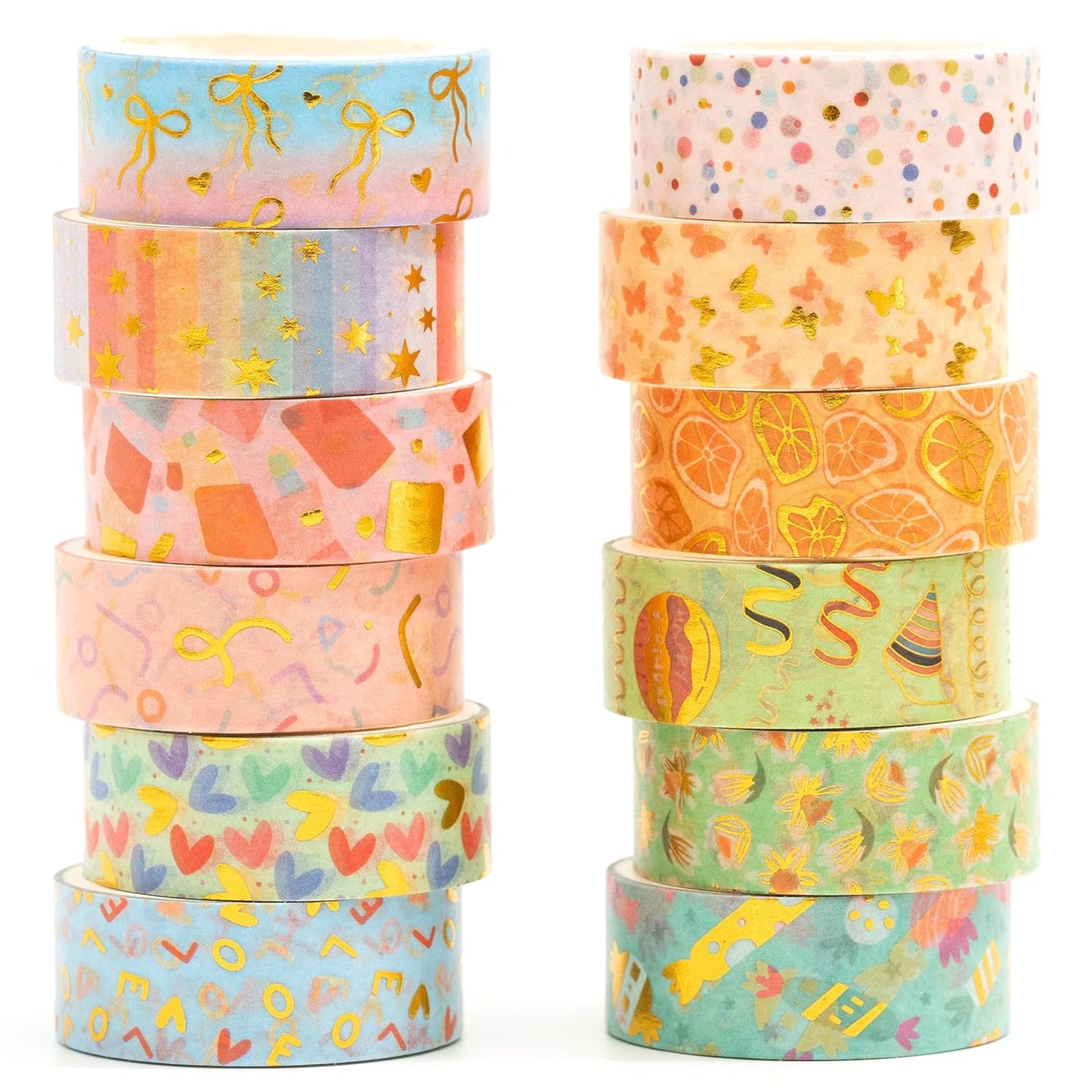 12 Rolls Charming Washi Tape Set Gold Silver Foil Detailing Arts Adhesive Tapes Basic Patterns Decorative Masking Tape Sets for Craft, Kids, Scrapbook, DIY, Gift Wrapping (Whimsical Pastels)